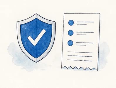 A shield with a checkmark beside an itemized receipt